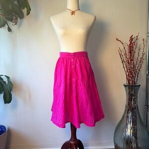 Vintage UNO Hot Pink 100% Silk Midi Flare Skirt Button Front Small